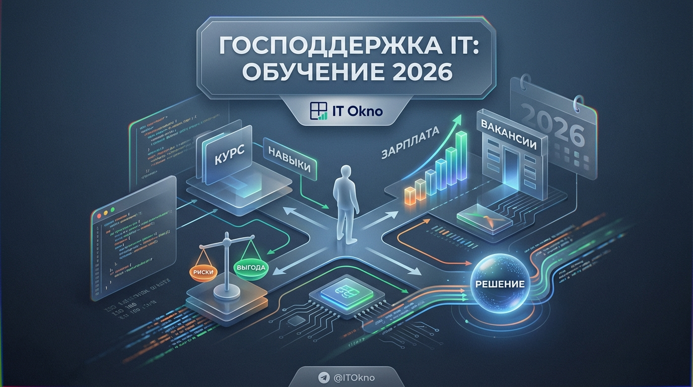 Иллюстрация бесплатного IT-обучения за счет государства: студент за ноутбуком и цифровые графики
