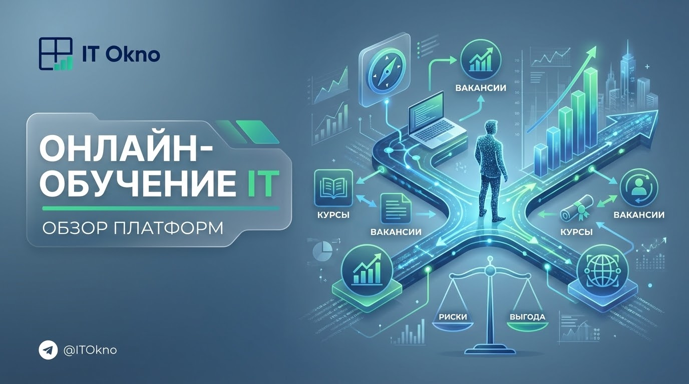 Человек изучает IT на ноутбуке, логотипы популярных онлайн-школ