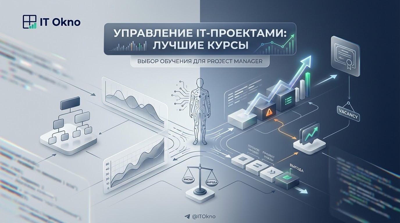 Project Manager изучает онлайн-курсы по управлению IT-проектами на ноутбуке