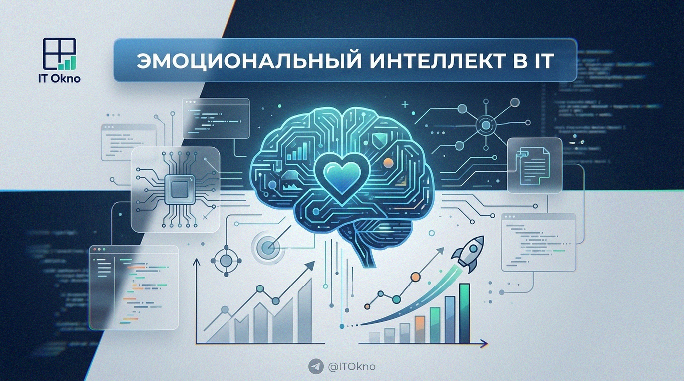 Концептуальная иллюстрация развития софт скиллов и эмоционального интеллекта для карьерного роста в IT