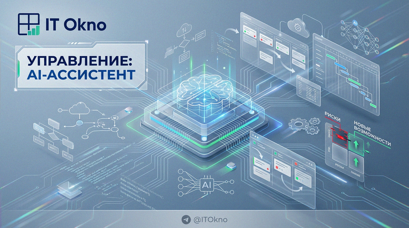 Иллюстрация управления IT-проектами с использованием ИИ-ассистента, показывающая баланс между новыми возможностями и технологическими рисками