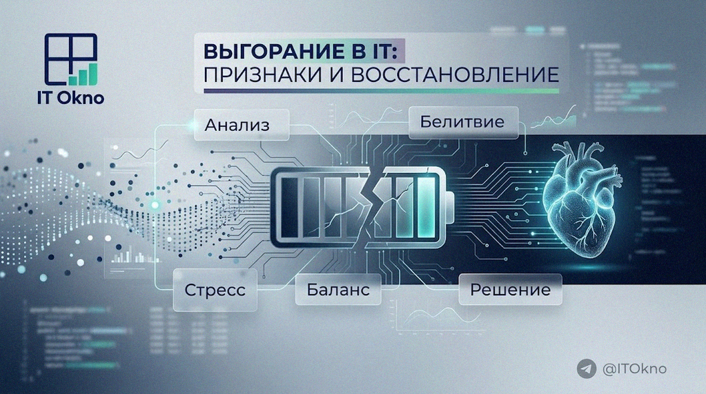 Уставший IT-специалист за компьютером, иллюстрация симптомов профессионального выгорания и стресса, пути восстановления